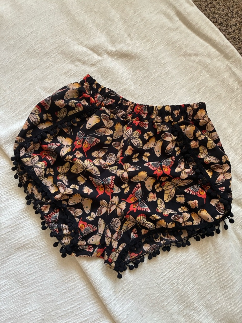 Boho Black Butterfly Pom Trim Summer Shorts